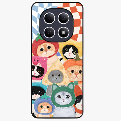 Cats in Fruits Glass Case showing flat back view with playful cat illustrations inside fruit artwork and glossy glass finish.