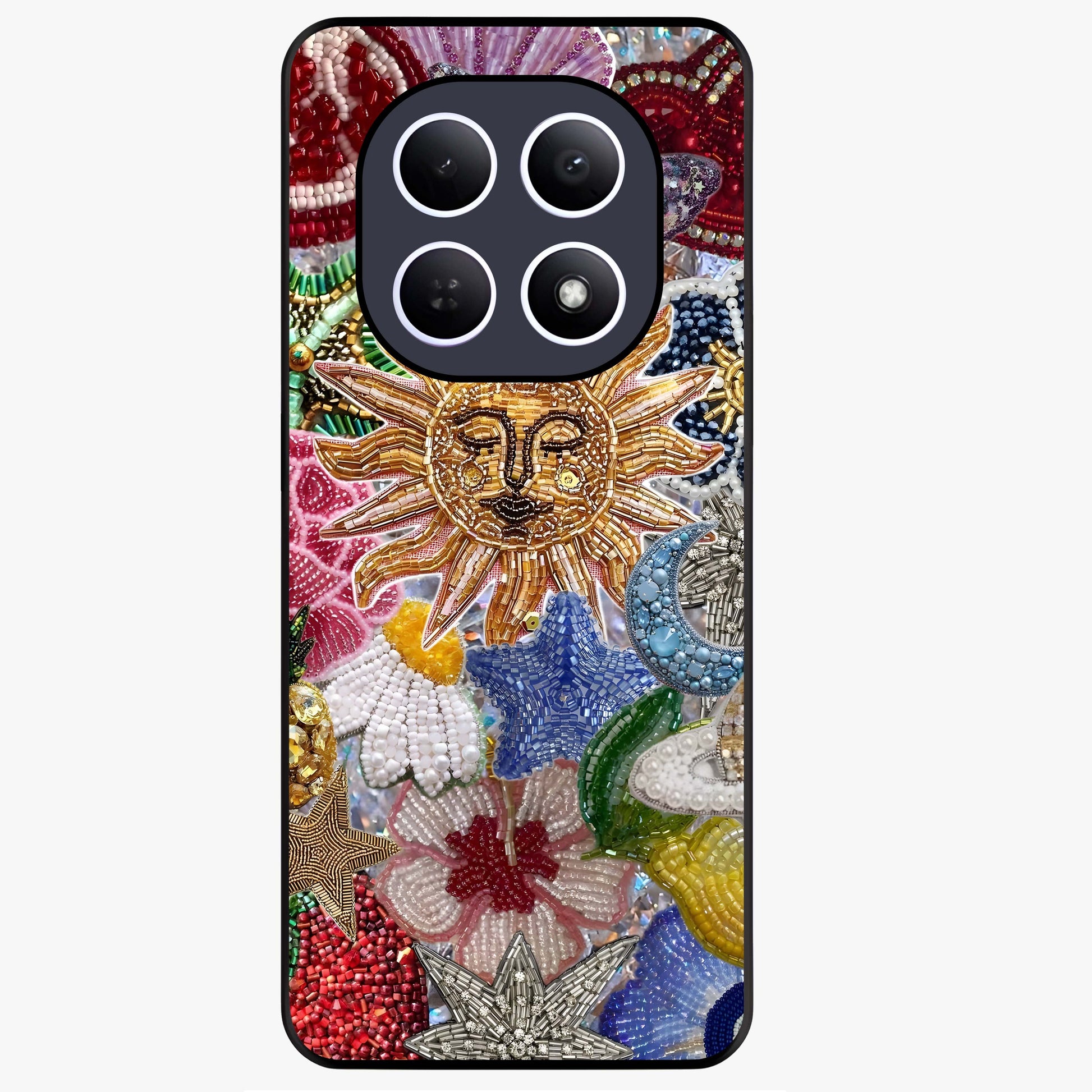 Celestial Floral and Playful Glass Case showing flat back view with floral and celestial themed artwork and glossy glass finish.