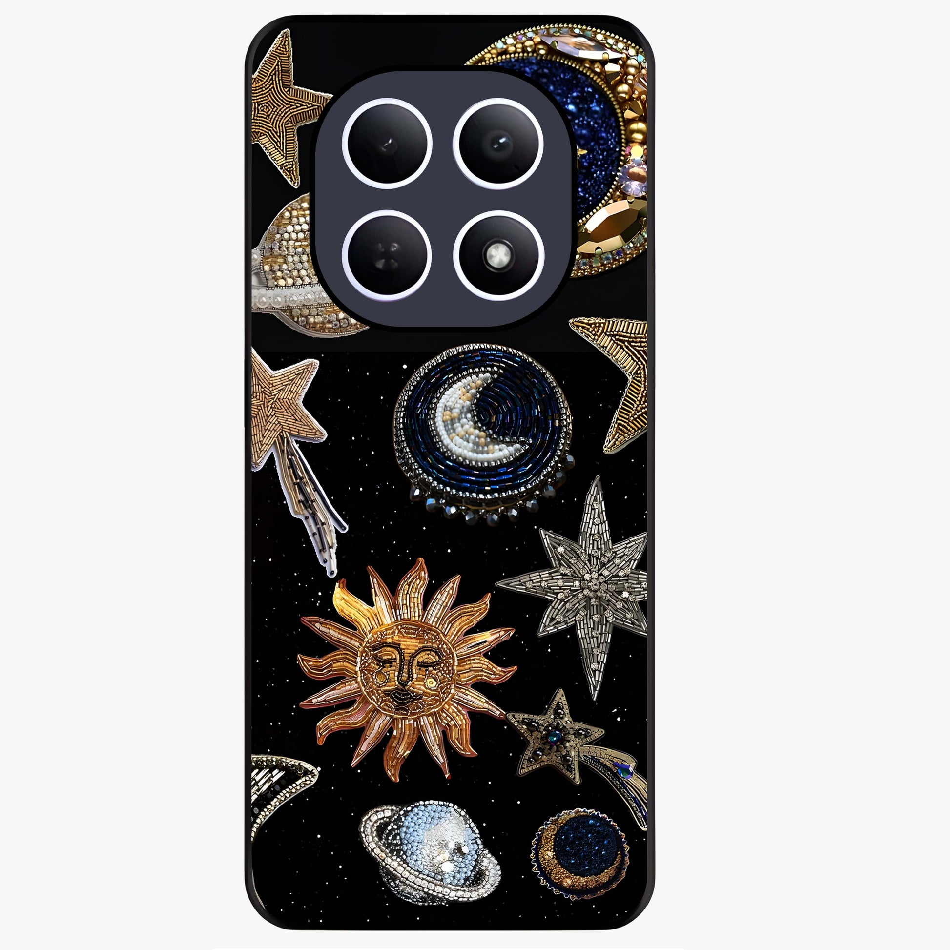 Celestial Gem Constellations Glass Case showing flat back view with sparkling constellation artwork and glossy glass finish.