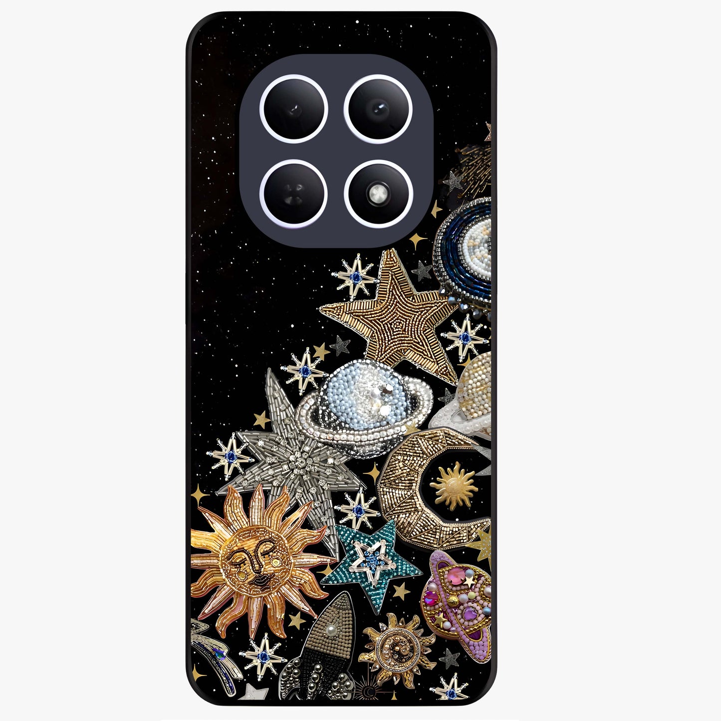 Cosmic Sparkle Dreams Glass Case showing flat back view with sparkling cosmic artwork and glossy glass finish.