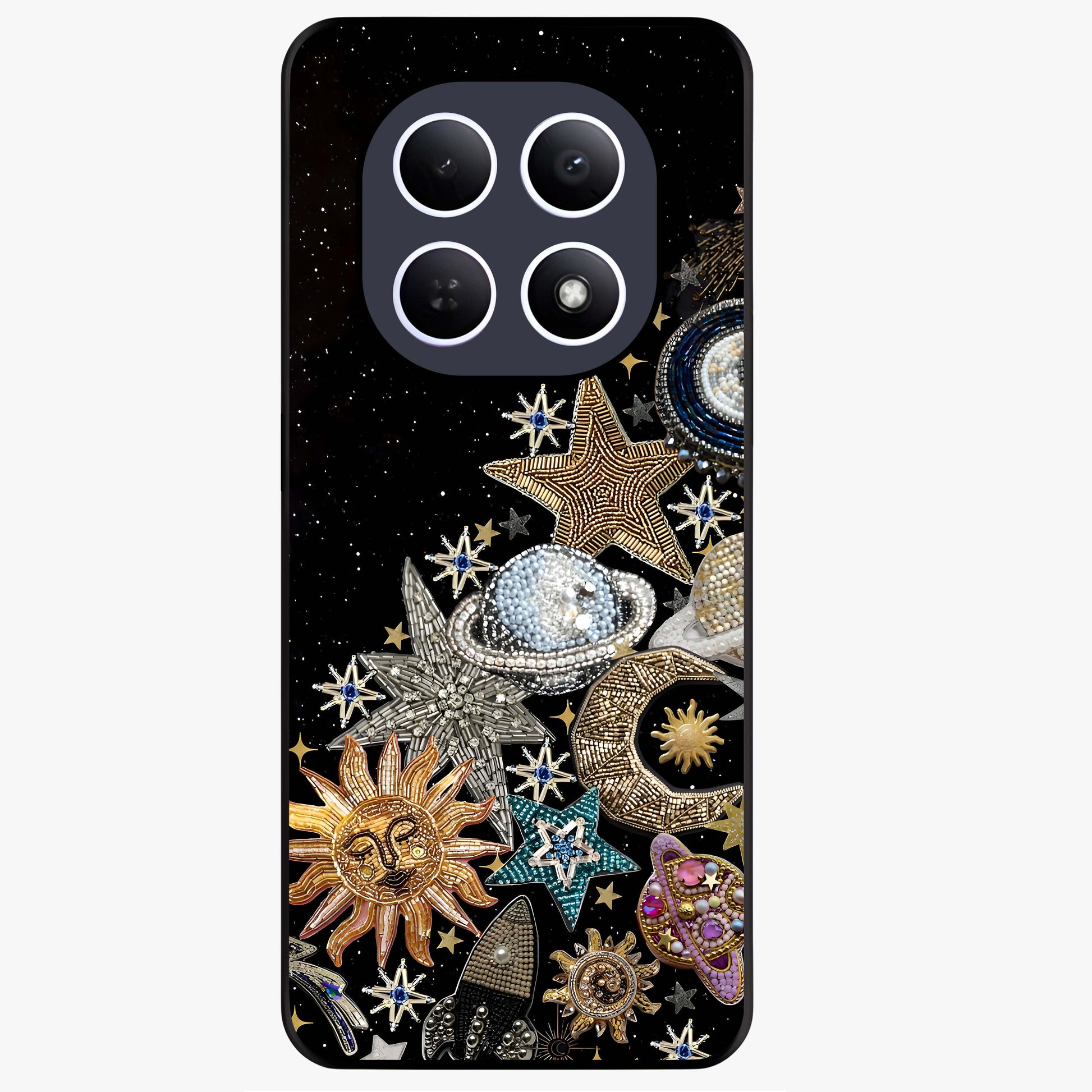 Cosmic Sparkle Dreams Glass Case showing flat back view with sparkling cosmic artwork and glossy glass finish.