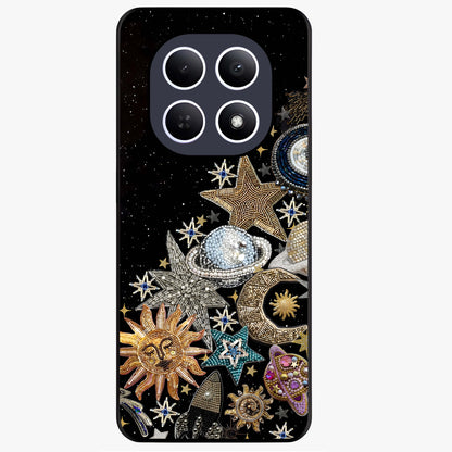 Cosmic Sparkle Dreams Glass Case showing flat back view with sparkling cosmic artwork and glossy glass finish.