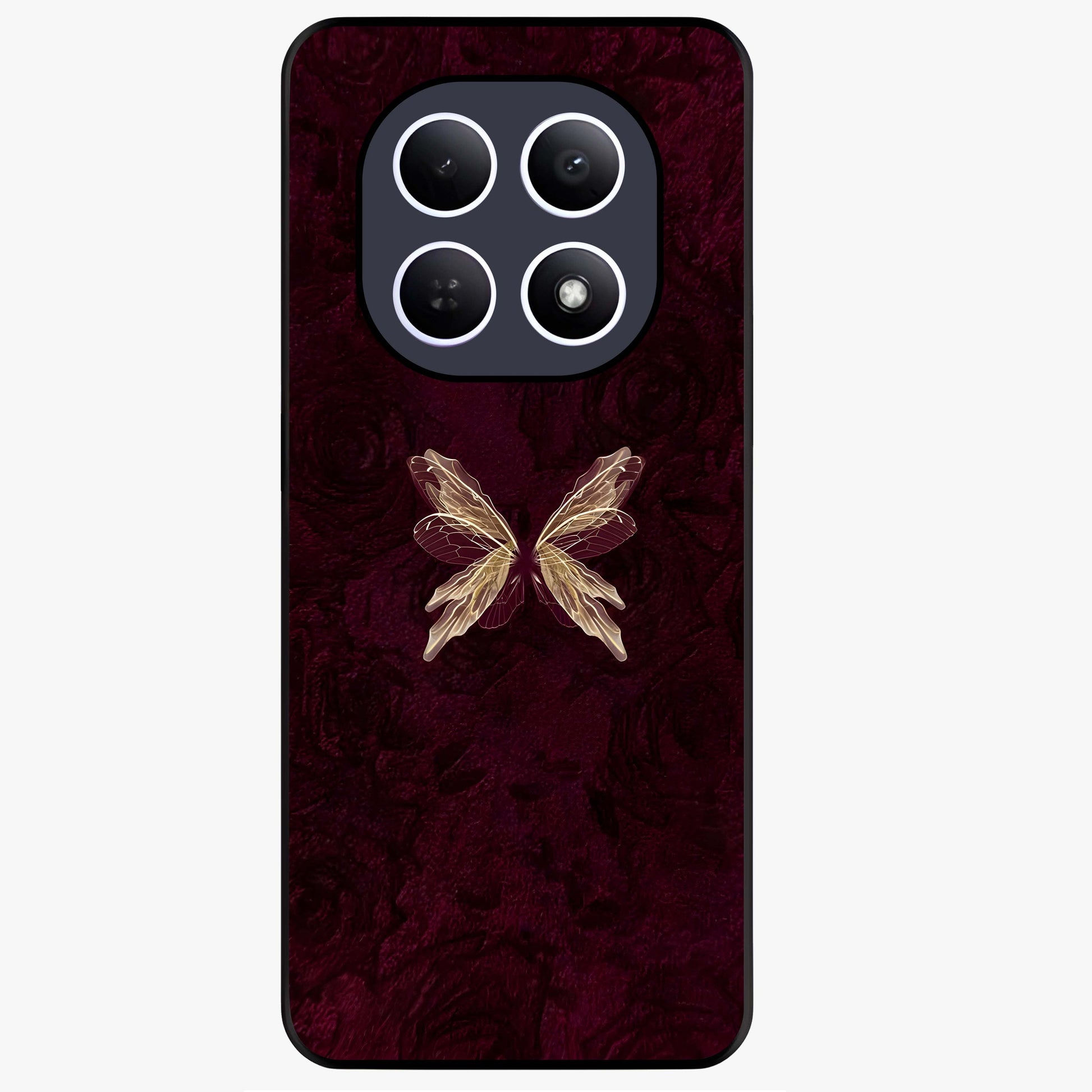 Crimson Fade Butterfly Glass Case showing flat back view with fading butterfly artwork and glossy glass finish.
