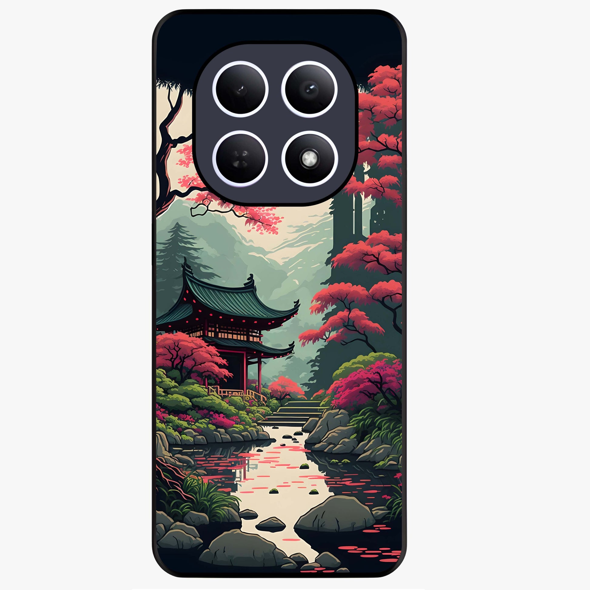 Crimson Temple View Glass Case showing flat back view with temple inspired artwork and glossy glass finish.