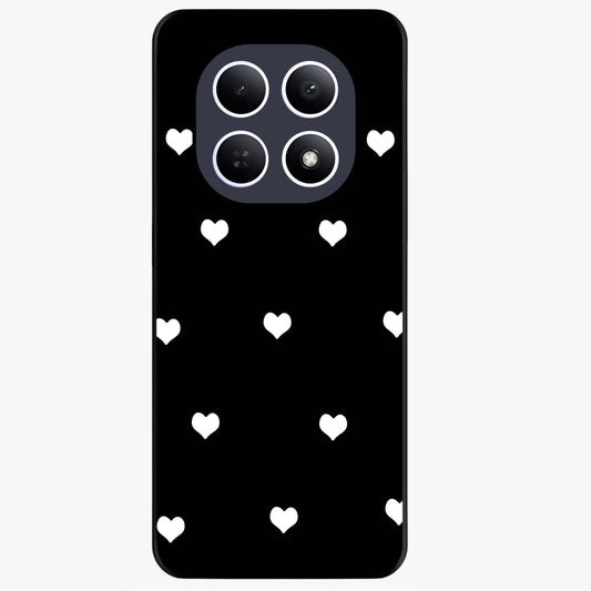 Cute And Simple White Hearts Glass Case showing flat back view with minimal white heart pattern and glossy glass finish.