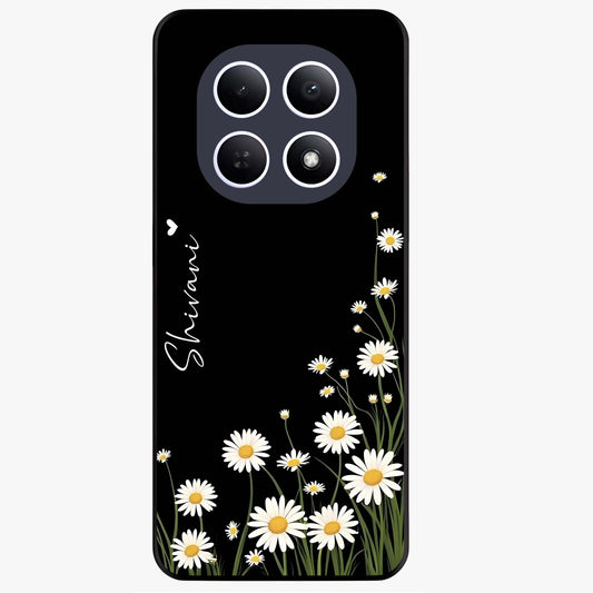Daisy Cascade Custom Name Glass Case showing flat back view with cascading daisy flowers and personalized name design.
