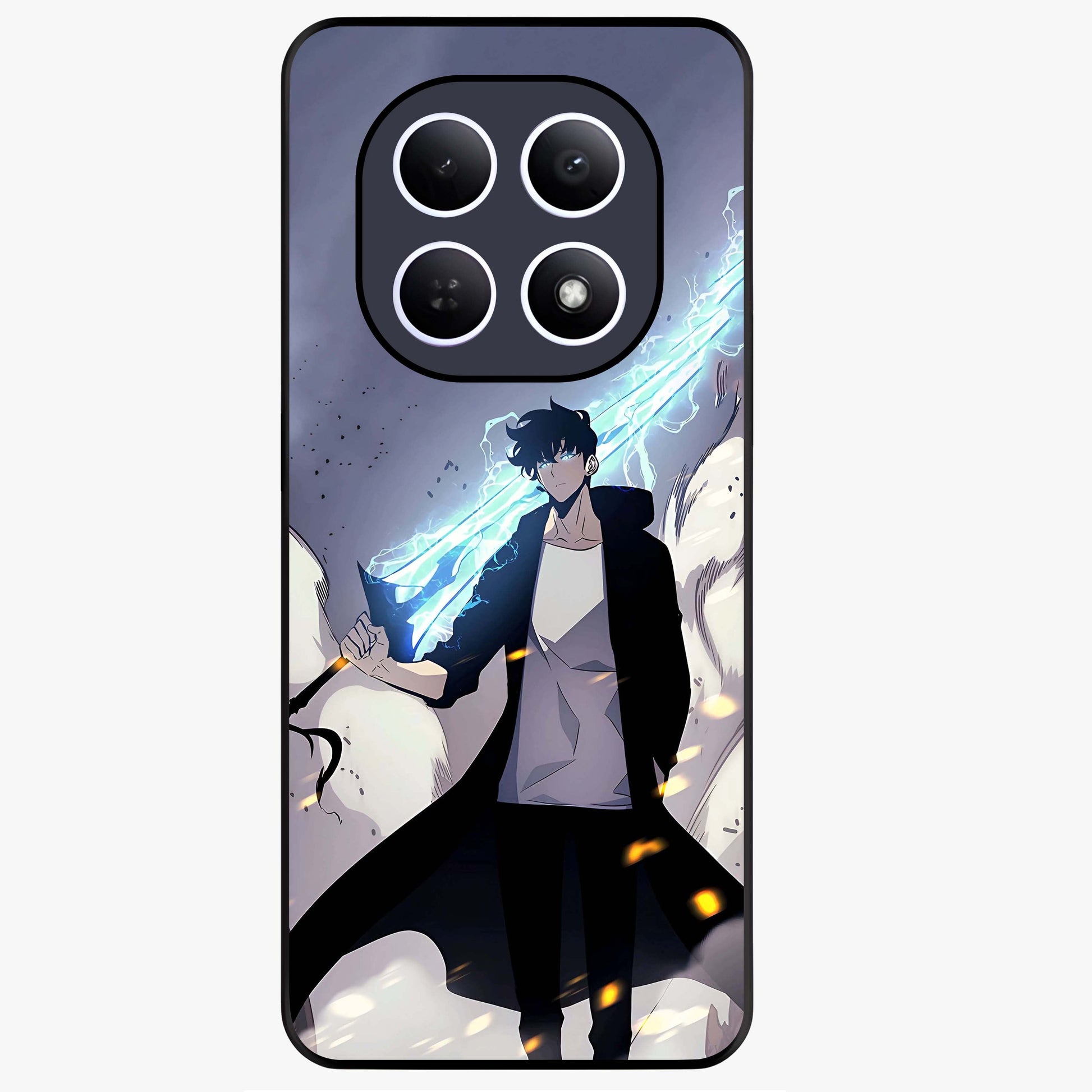 Dark Lightning Anime Warrior Glass Case showing flat back view with intense anime warrior artwork and glossy glass finish.