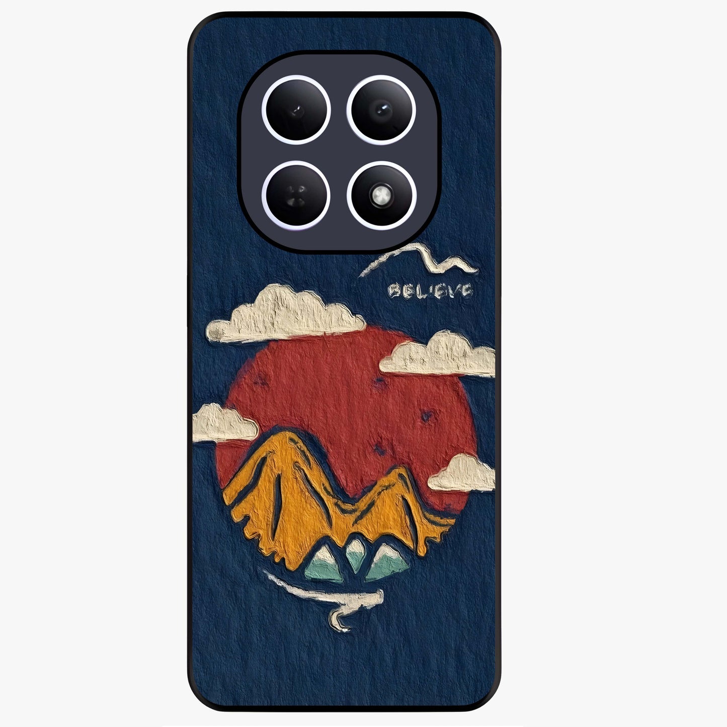 Dream Beyond Mountains Glass Case showing flat back view with scenic mountain landscape artwork and glossy glass finish.