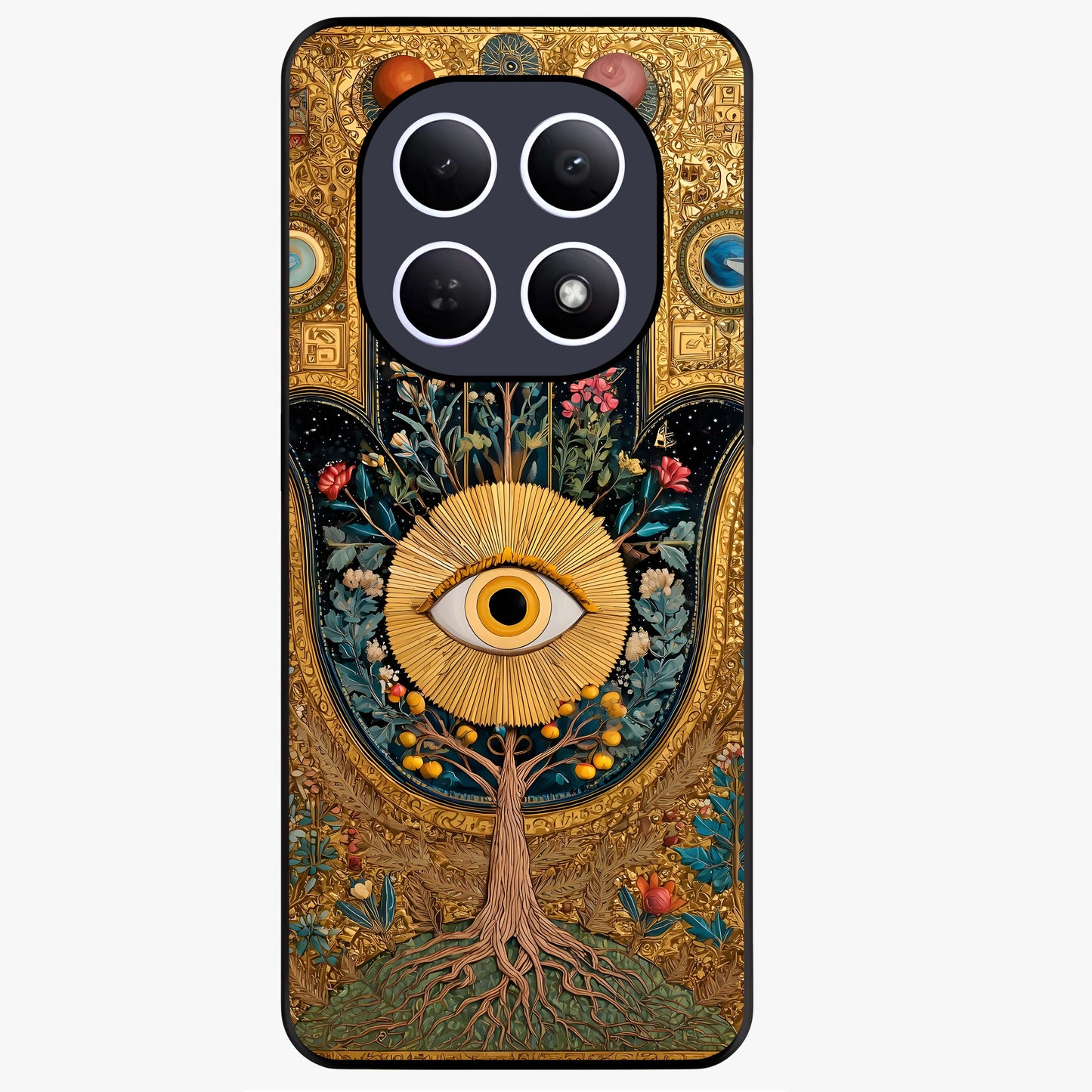 Ethereal Evil Eye Glass Case showing flat back view with mystical evil eye artwork and glossy glass finish.
