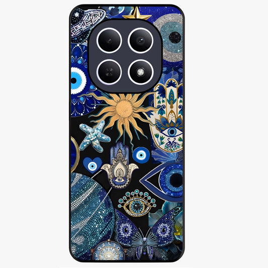 Evil Eye Charm Mix Glass Case showing flat back view with multiple evil eye charms artwork and glossy glass finish.