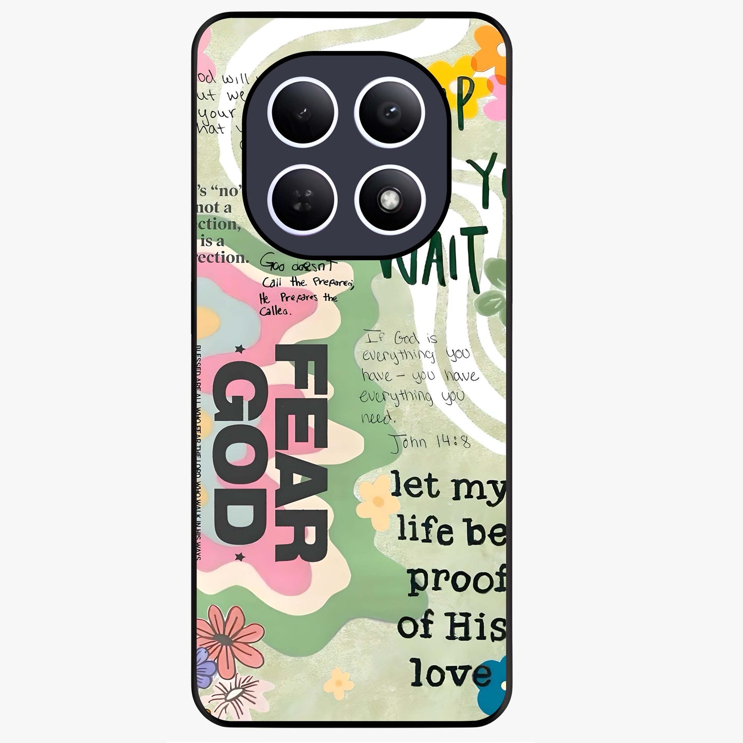 Faith Over Fear Glass Case showing flat back view with motivational typography artwork and glossy glass finish.