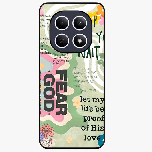 Faith Over Fear Glass Case showing flat back view with motivational typography artwork and glossy glass finish.