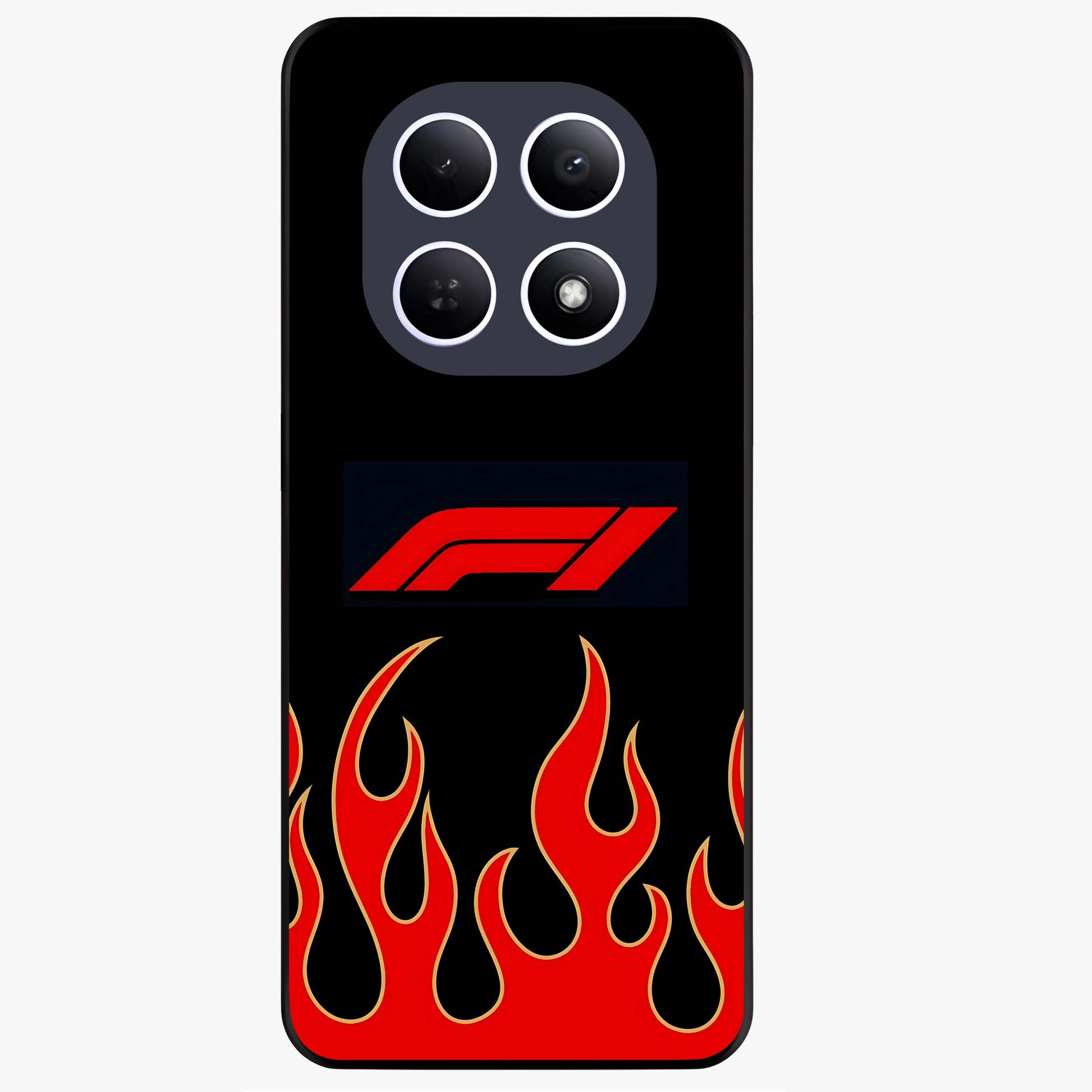 Fire F11 Glass Case showing flat back view with fiery themed artwork and glossy glass finish.