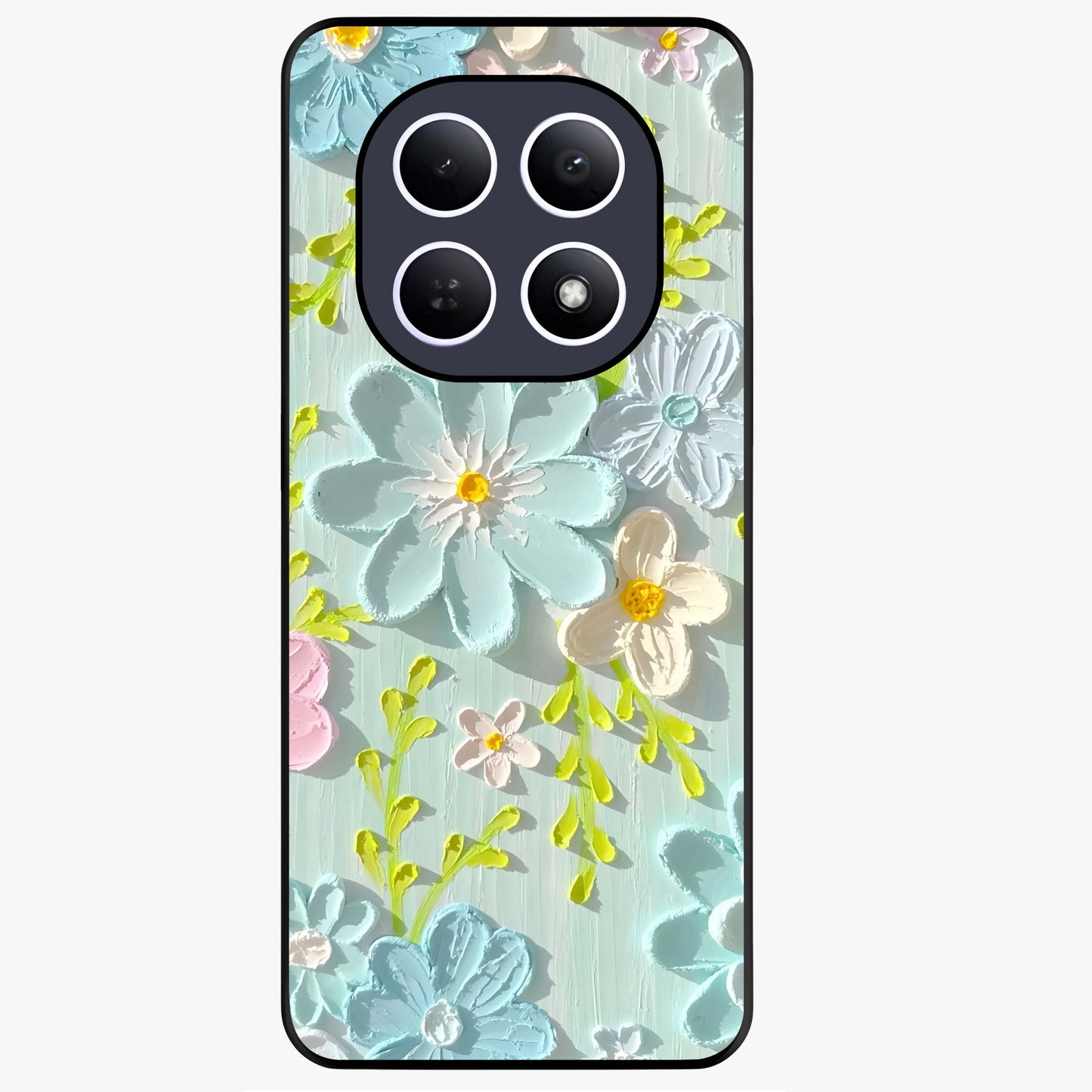 Frosted Petal Garden Glass Case showing flat back view with soft frosted floral artwork and glossy glass finish.