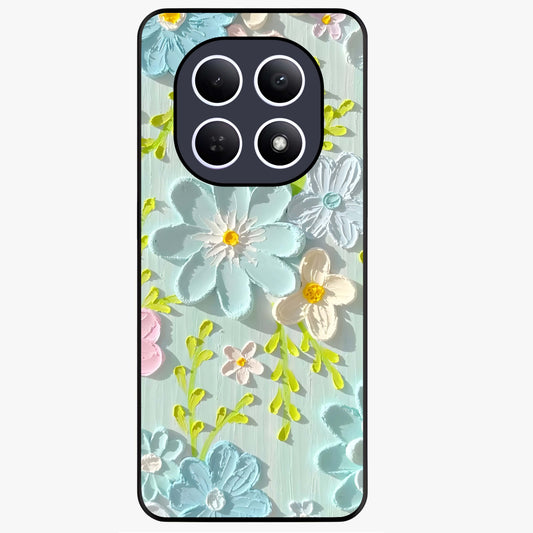 Frosted Petal Garden Glass Case showing flat back view with soft frosted floral artwork and glossy glass finish.