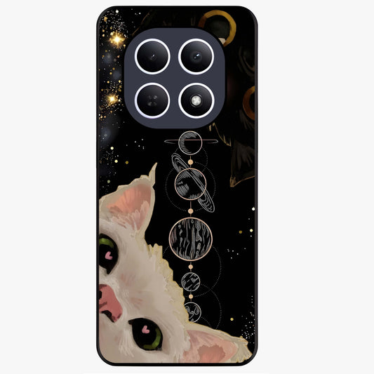 Galactic Cat Glass Case showing flat back view with cosmic cat artwork and glossy glass finish.