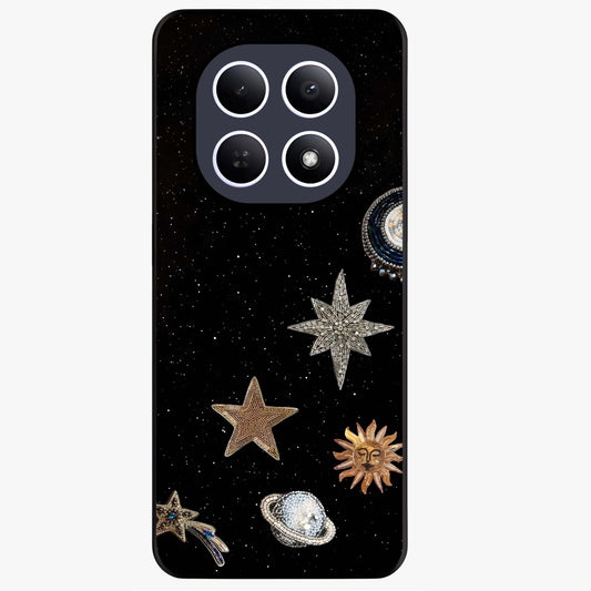 Galactic Charm Glow Glass Case showing flat back view with glowing celestial charm artwork and glossy glass finish.