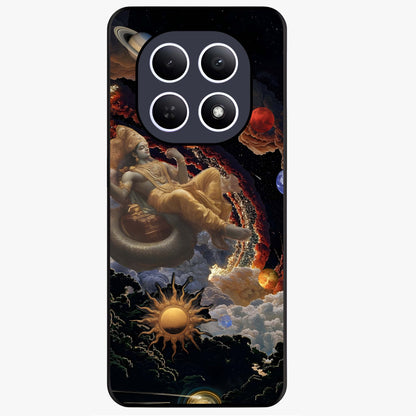 Galactic Divine God Glass Case showing flat back view with divine cosmic themed artwork and glossy glass finish.