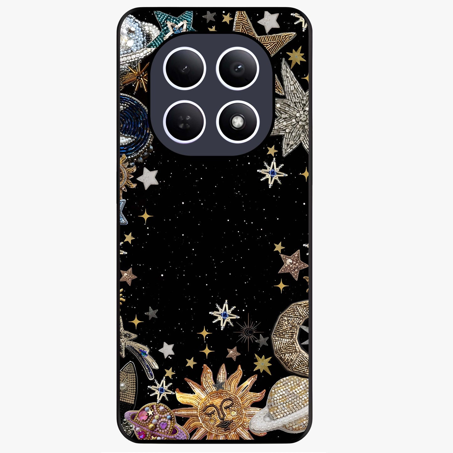 Galactic Jewel Stars Glass Case showing flat back view with sparkling star jewel artwork and glossy glass finish.