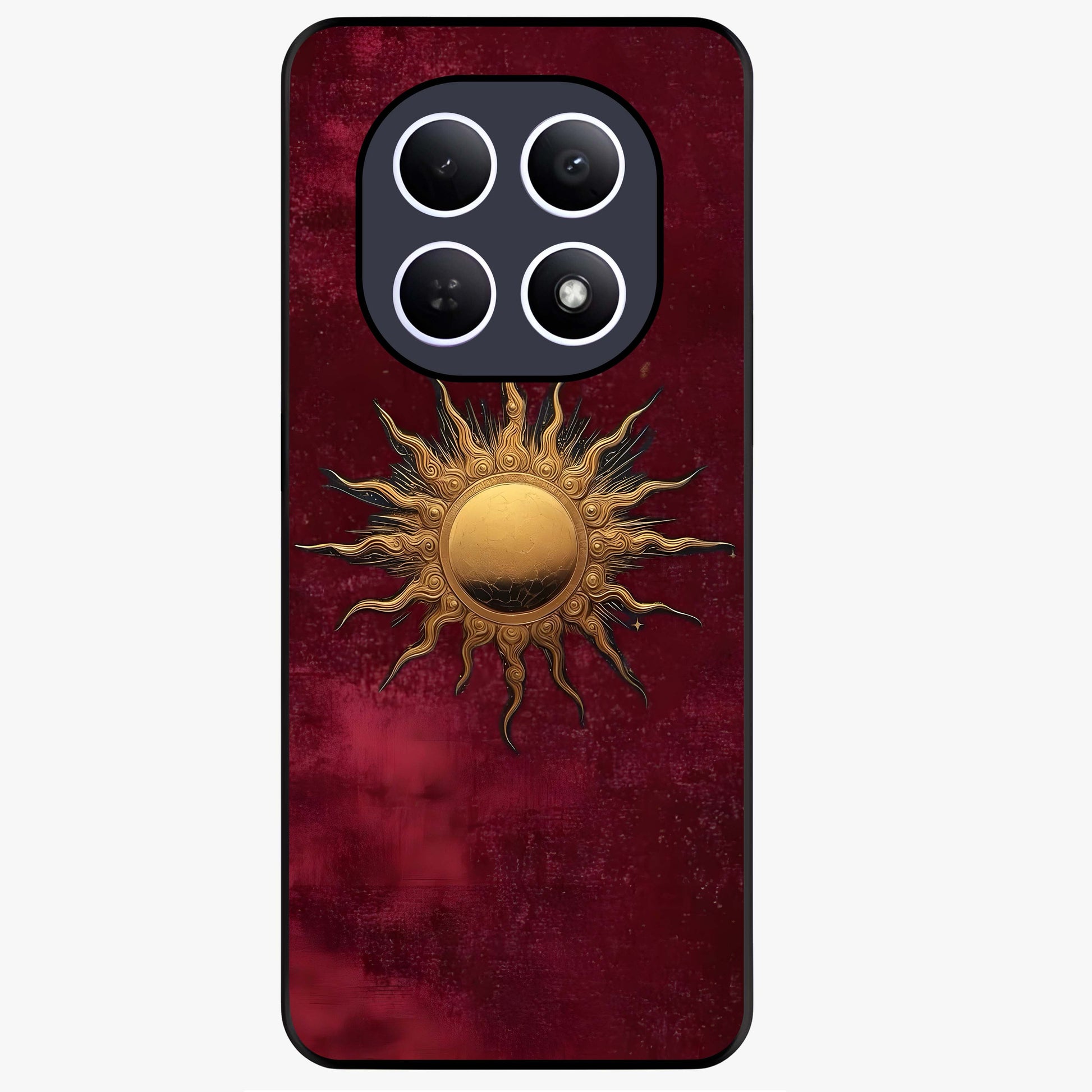 Gold Sun Blush Glass Case showing flat back view with golden sun inspired artwork and glossy glass finish.