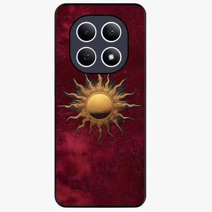 Gold Sun Blush Glass Case showing flat back view with golden sun inspired artwork and glossy glass finish.