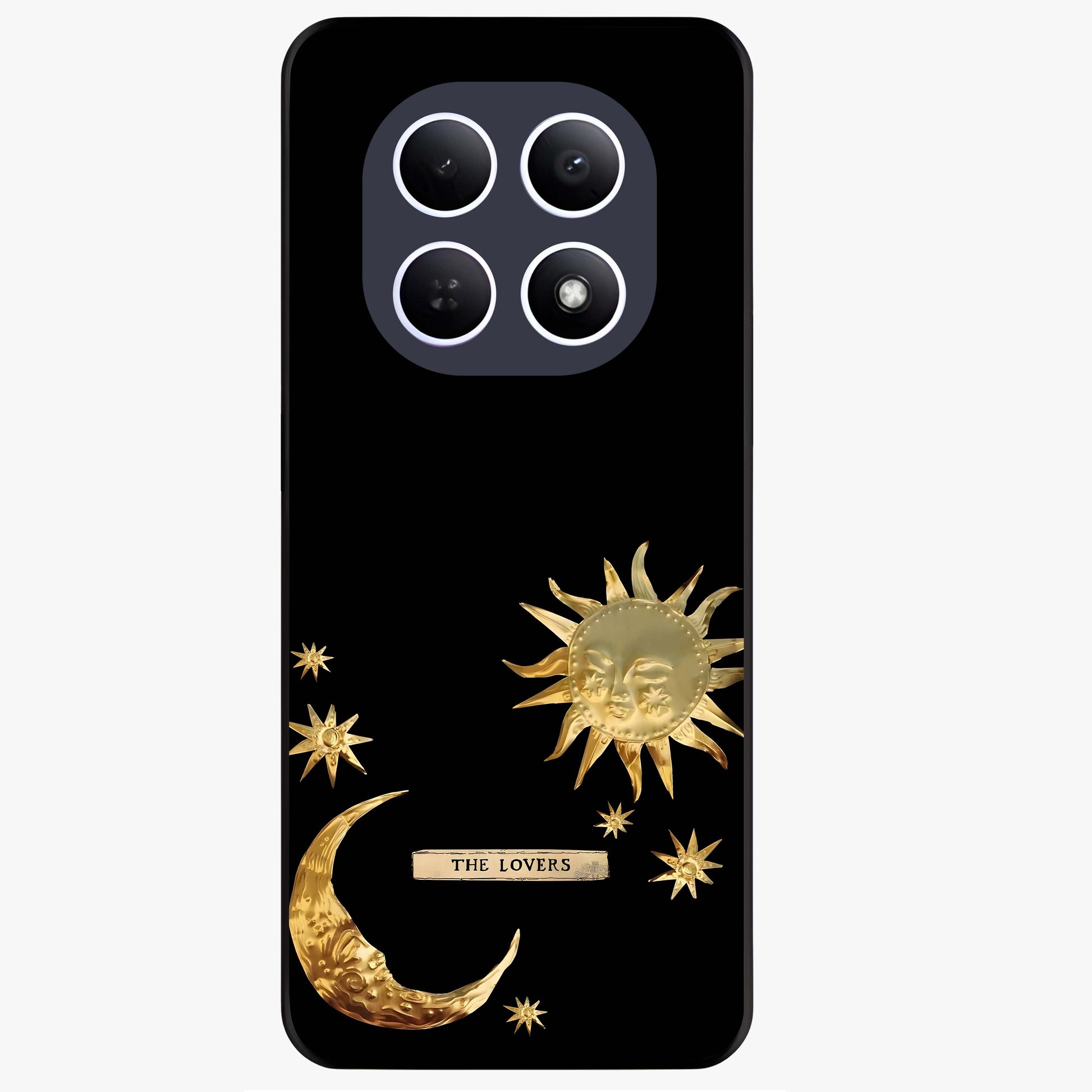 Golden Celestial Charm Glass Case showing flat back view with golden celestial charm artwork and glossy glass finish.