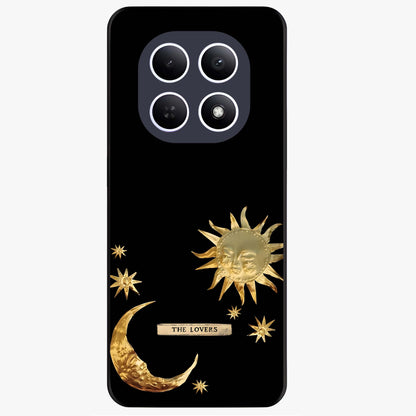 Golden Celestial Charm Glass Case showing flat back view with golden celestial charm artwork and glossy glass finish.