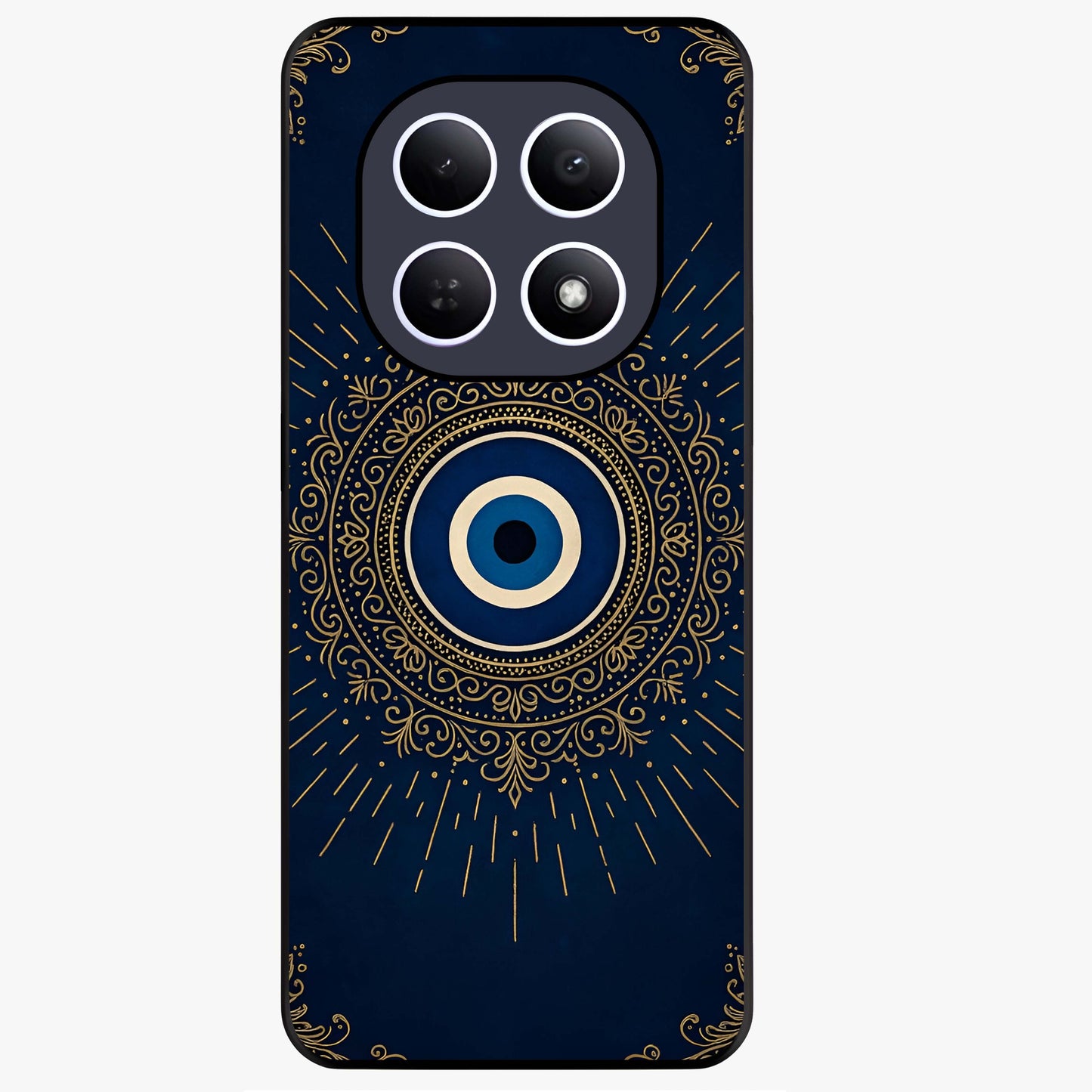 Golden Evil Eye Mandala Glass Case showing flat back view with intricate evil eye mandala artwork and glossy glass finish.