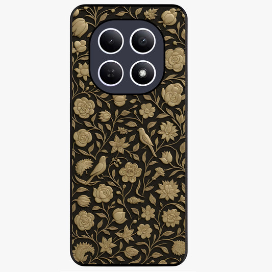 Golden Floral Majesty Glass Case showing flat back view with luxurious golden floral artwork and glossy glass finish.