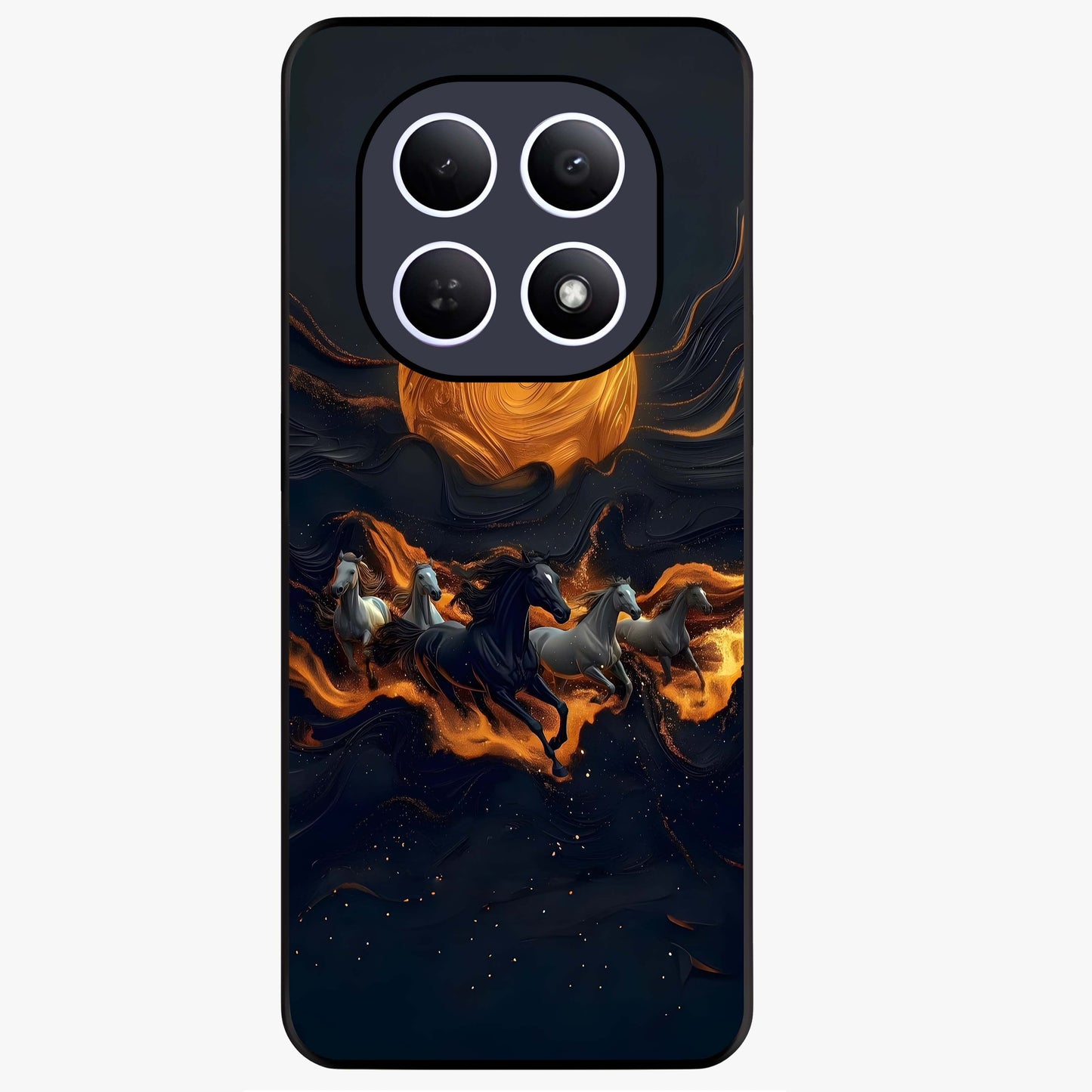 Golden Stallion Moonride Glass Case showing flat back view with majestic horse under moonlight artwork and glossy glass finish.