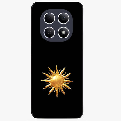 Golden Sun Minimalism Glass Case showing flat back view with minimal golden sun artwork and glossy glass finish.