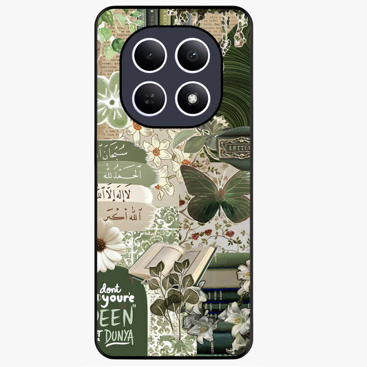 Green Islamic Books Quotes Glass Case showing flat back view with Islamic quotes and book themed artwork and glossy glass finish.