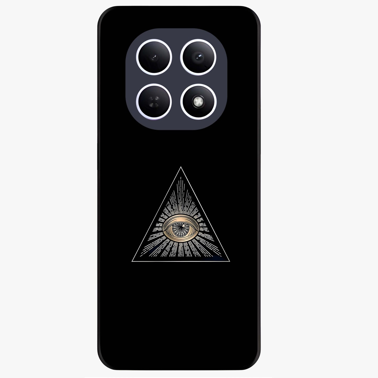Illuminati Evil Glass Case showing flat back view with mysterious illuminati symbol artwork and glossy glass finish.