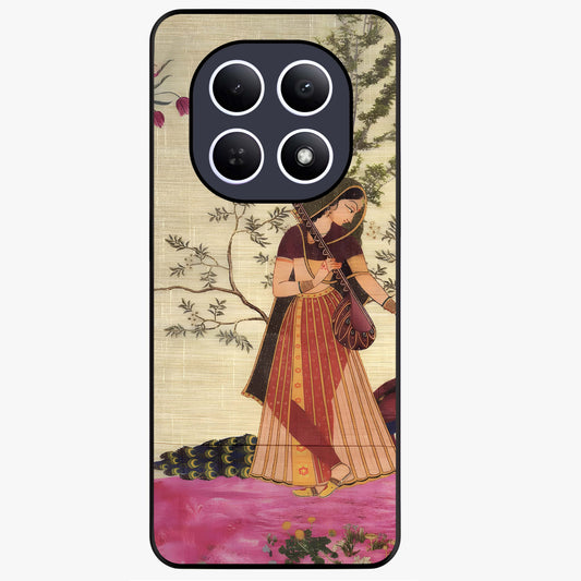 Lady With Veena Art Glass Case showing flat back view with elegant woman playing veena artwork and glossy glass finish.