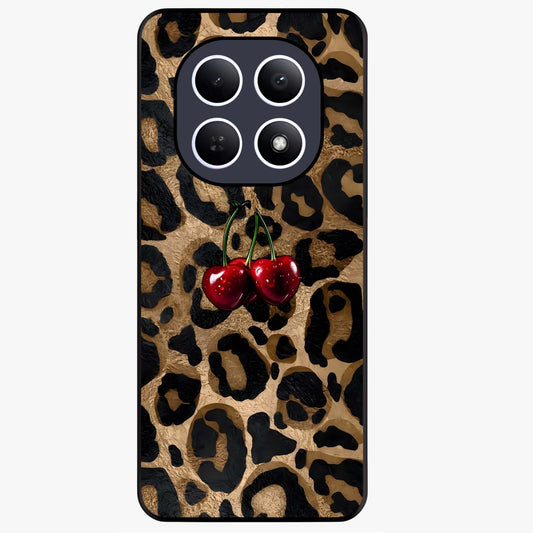 Leopard Wild Cherry Glass Case showing flat back view with leopard pattern and cherry artwork and glossy glass finish.