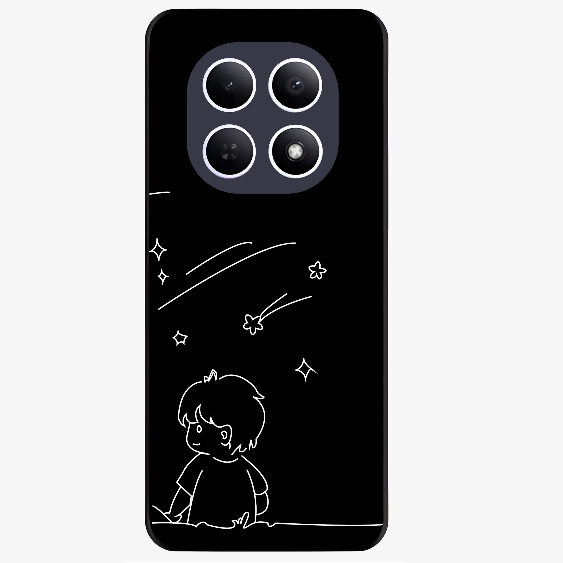 Line Art Boy With Shooting Stars Glass Case showing flat back view with minimal line art boy and shooting stars illustration and glossy glass finish.