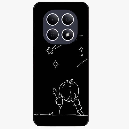 Line Art Girl With Shooting Stars Glass Case showing flat back view with minimal line art girl and shooting stars illustration and glossy glass finish.