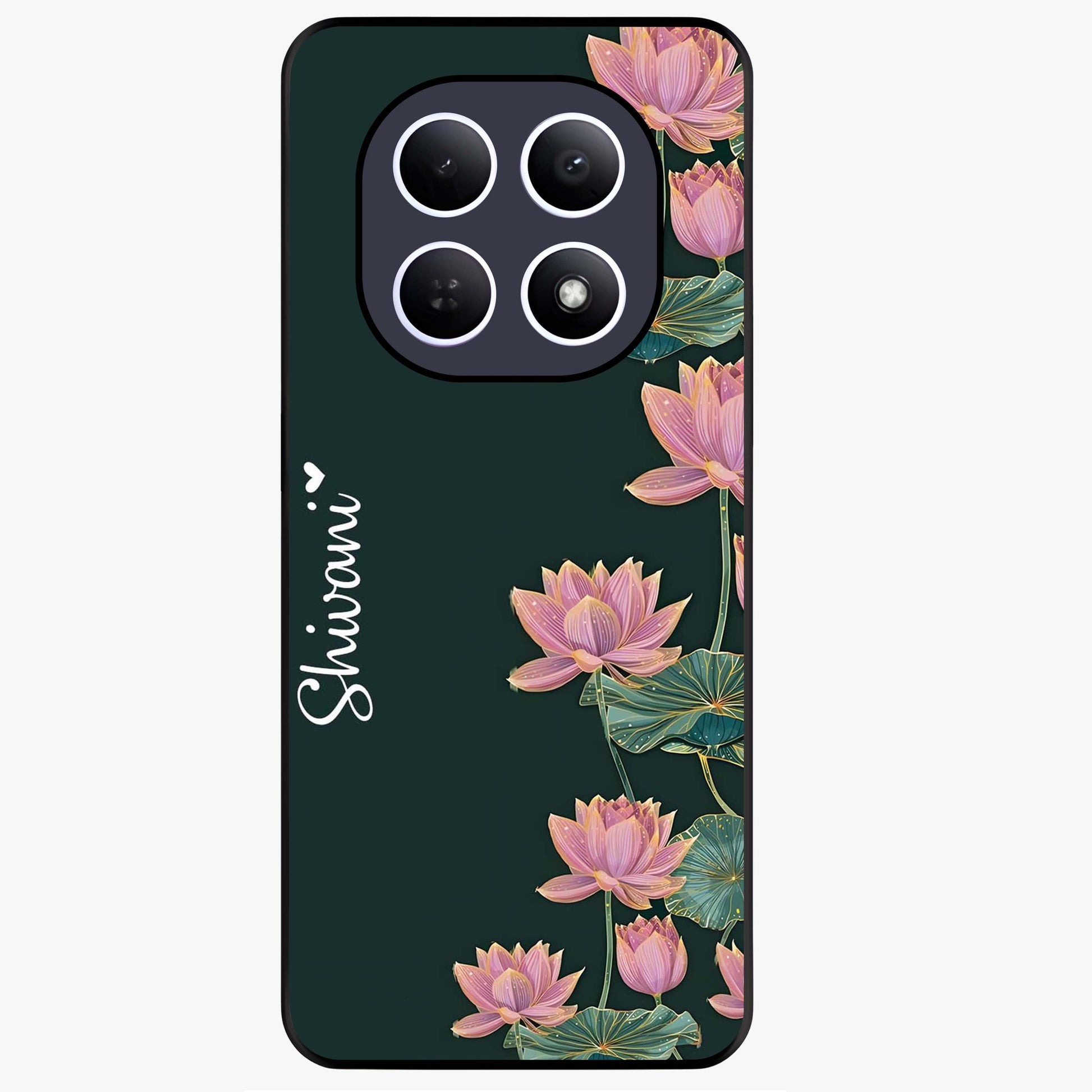 Lotus Bloom Serenity Custom Name Glass Case showing flat back view with elegant lotus flower artwork and personalized name design.