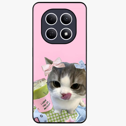 Love Matcha Cat Glass Case showing flat back view with cute cat and matcha themed artwork and glossy glass finish.
