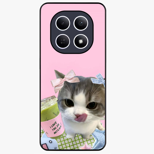 Love Matcha Cat Glass Case showing flat back view with cute cat and matcha themed artwork and glossy glass finish.