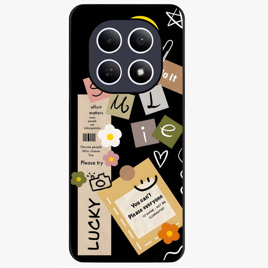 Lucky Aesthetic Collage Glass Case showing flat back view with trendy aesthetic collage artwork and glossy glass finish.