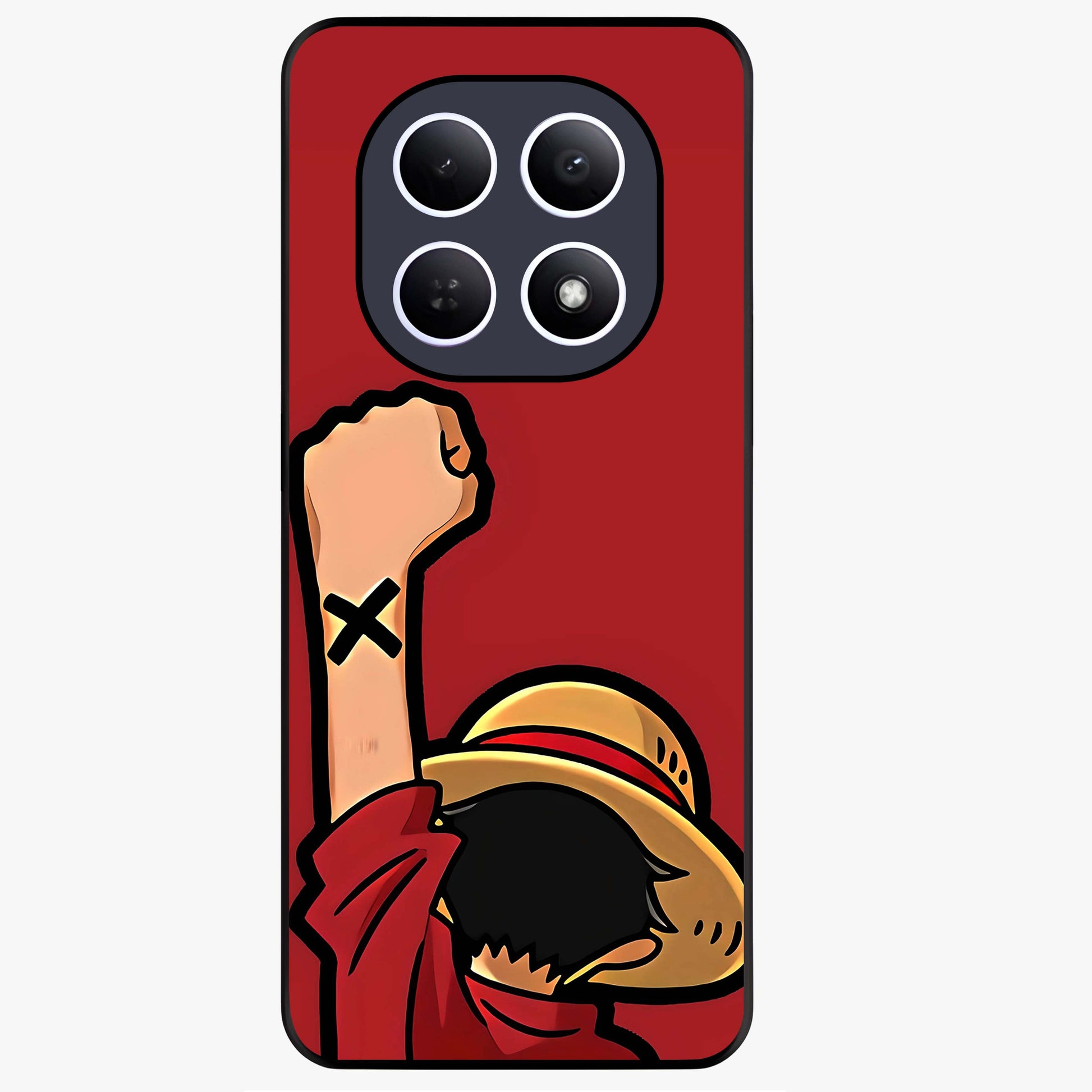 Luffy X Spirit Glass Case showing flat back view with bold anime character artwork and glossy glass finish.