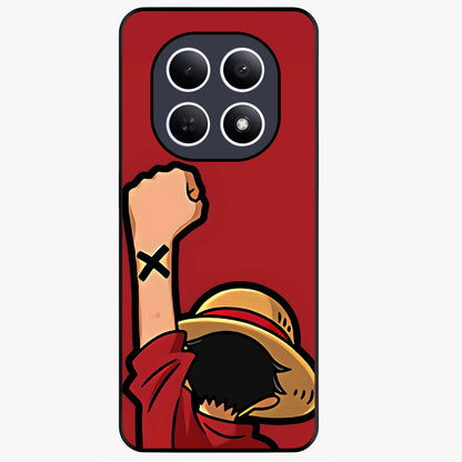 Luffy X Spirit Glass Case showing flat back view with bold anime character artwork and glossy glass finish.