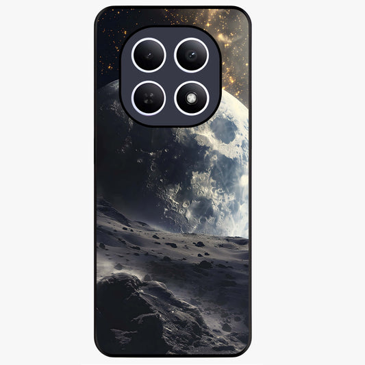 Lunar Horizon Glow Glass Case showing flat back view with glowing moon horizon artwork and glossy glass finish.