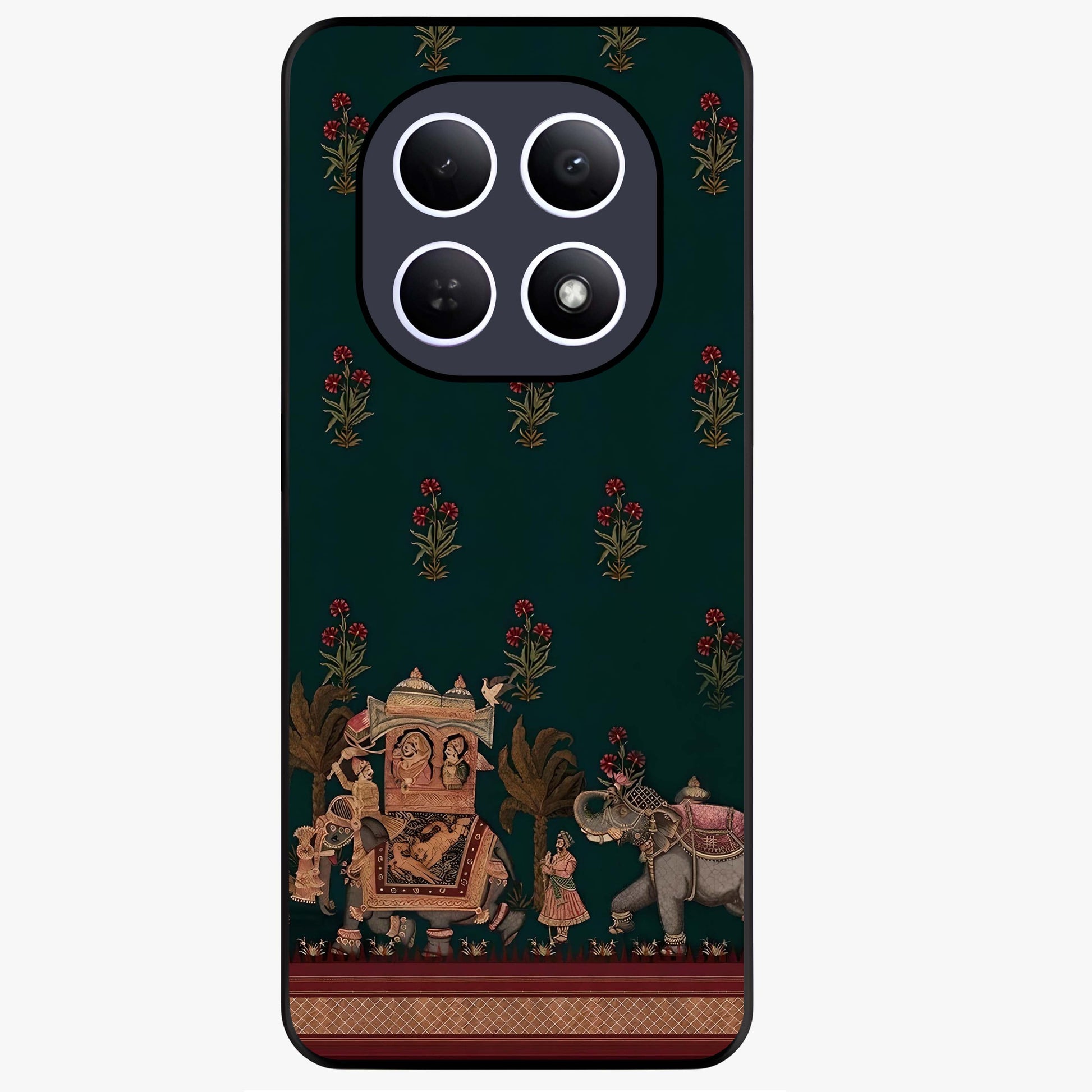 Macmerise Glass Case showing flat back view with stylish modern artwork and glossy glass finish.