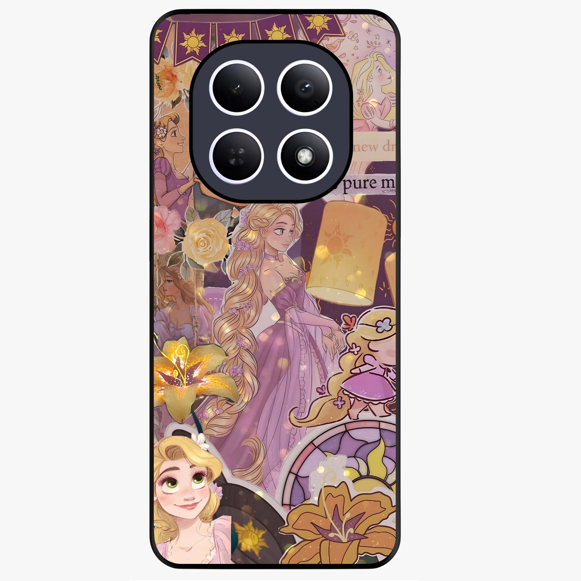 Magical Tangled Dream Glass Case showing flat back view with dreamy tangled artwork and glossy glass finish.