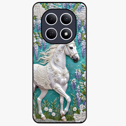 Majestic Floral Stallion Glass Case showing flat back view with powerful horse and floral artwork and glossy glass finish.