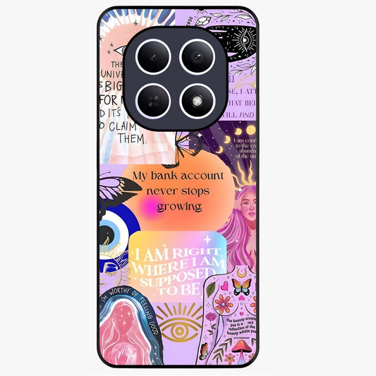Manifestation Collage Glass Case showing flat back view with motivational collage artwork and glossy glass finish.