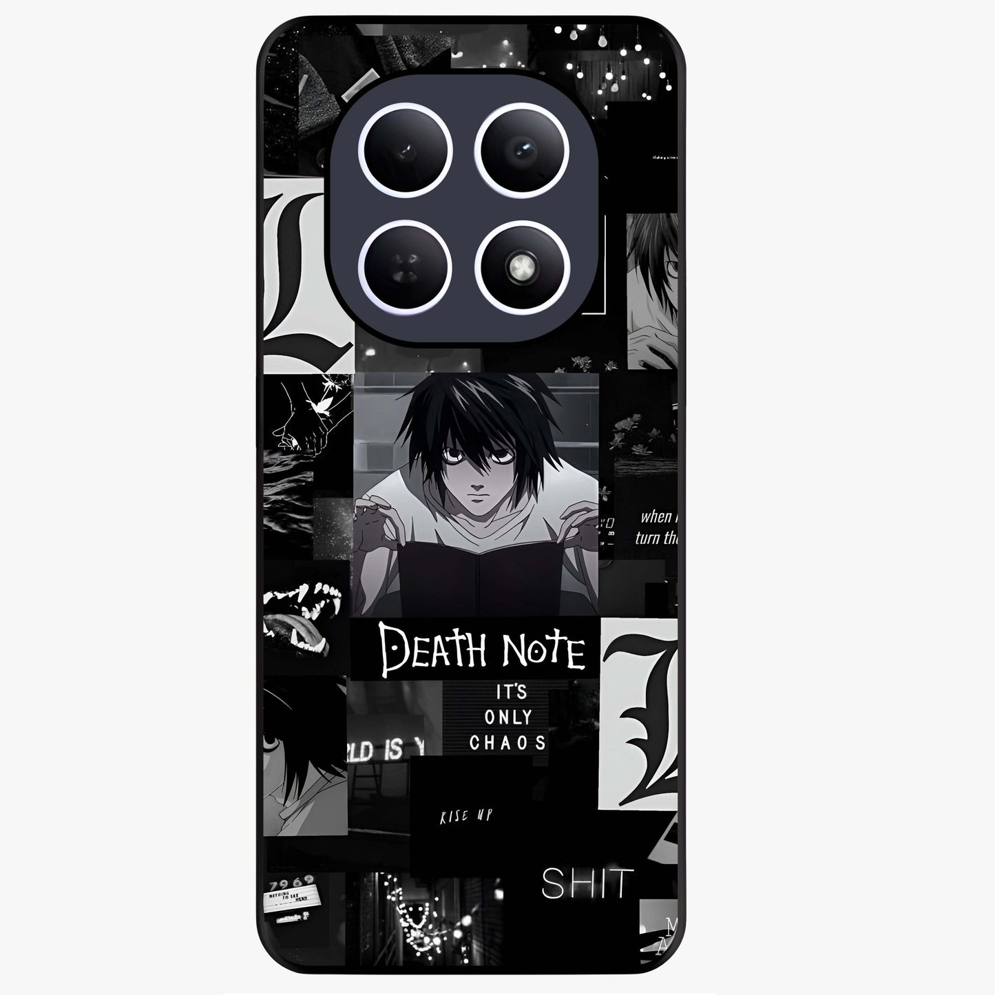 Midnight Chaos Mind Glass Case showing flat back view with abstract dark themed artwork and glossy glass finish.