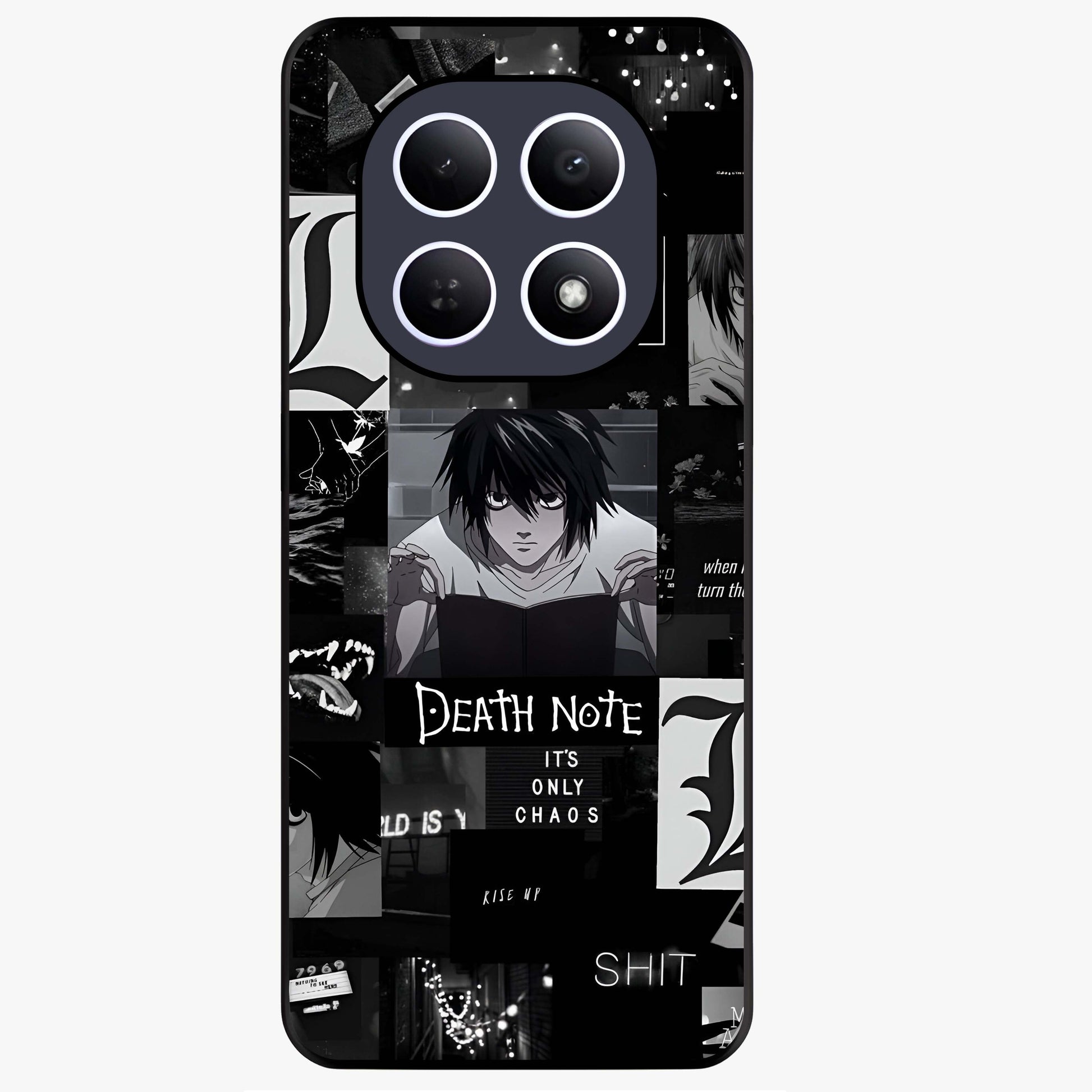 Midnight Chaos Mind Glass Case showing flat back view with abstract dark themed artwork and glossy glass finish.